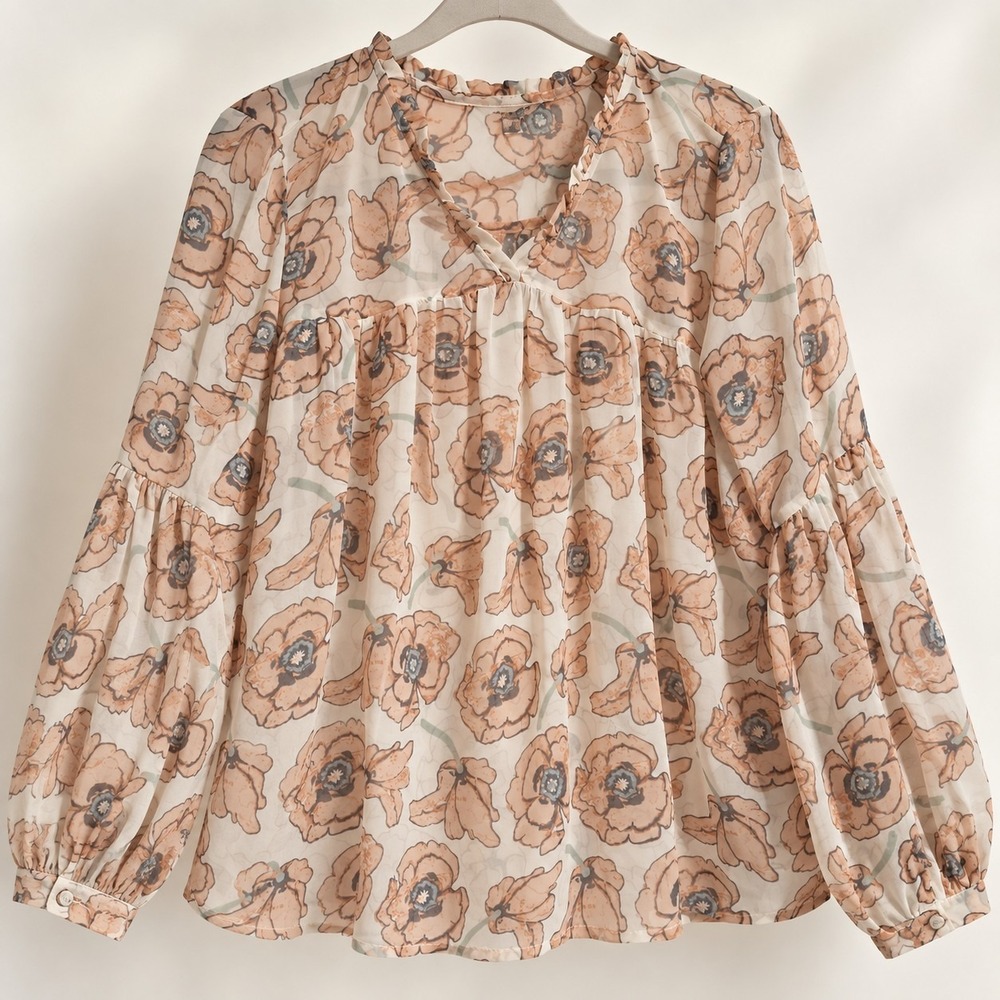 Lucky Brand Floral Blouse LG Boho Peasant Balloon Sleeve Cottagecore Fall NWOT